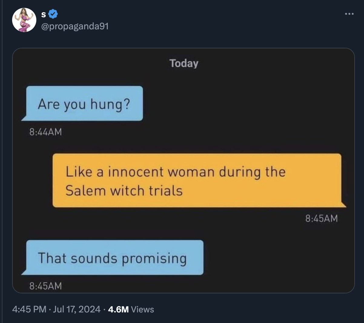 screenshot - S Are you hung? Am Today a innocent woman during the Salem witch trials That sounds promising Am 4.6M Views Am